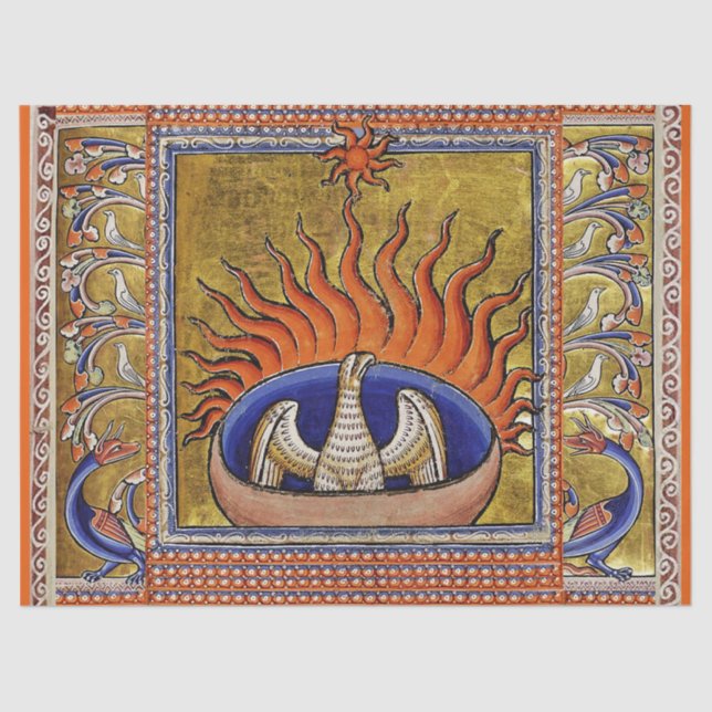 PAPEL DE SEDA BESTIARIO MEDIEVAL, FOENIX EN LLAMAS ROJAS, ÁRBOL  (Anverso)