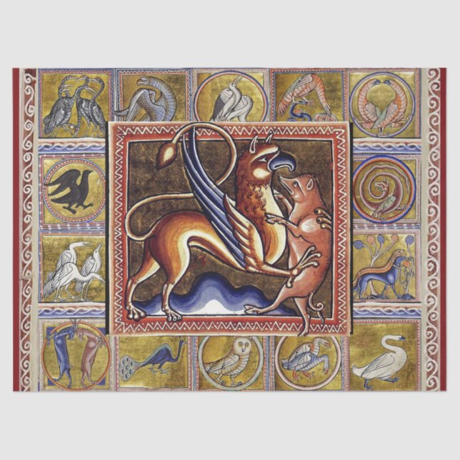 PAPEL DE SEDA BESTIARIO MEDIEVAL, GRIFFIN Y BARRA SALVAJE, ANIMA (Anverso)