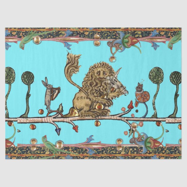 Papel De Seda BESTIARIO MEDIEVAL HACIENDO azul de león violinist (Anverso)