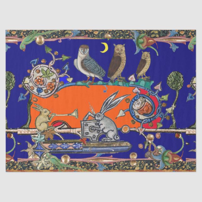 Papel De Seda BESTIARIO MEDIEVAL HACIENDO MÚSICA Lechuzas Noctur (Anverso)