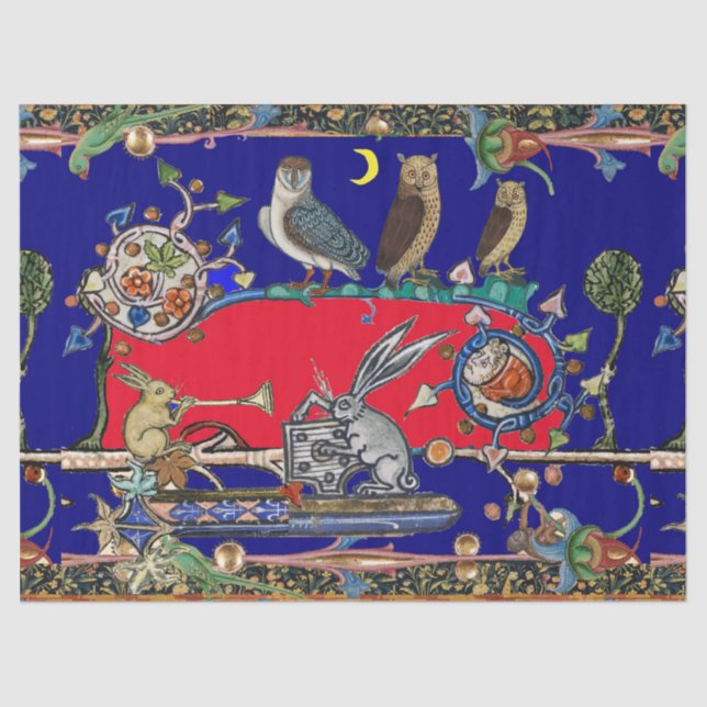 Papel De Seda BESTIARIO MEDIEVAL HECHO MÚSICA Lechuzas, conejos, (Anverso)