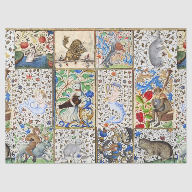 PAPEL DE SEDA BESTIARIO MEDIEVAL JUGANDO INSTRUMENTOS MUSICALES  (Anverso)