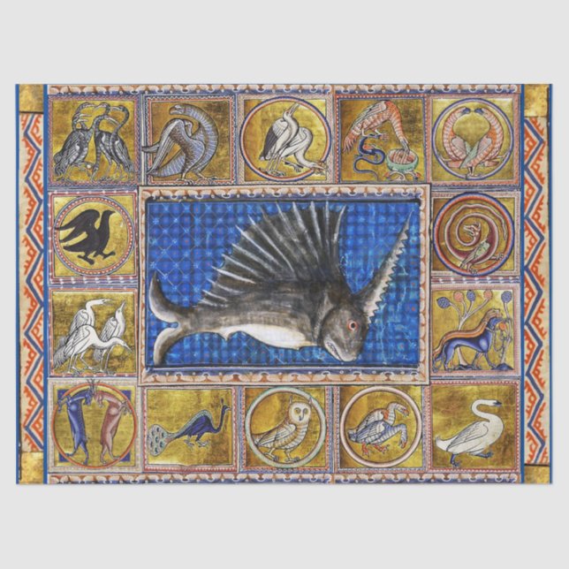 PAPEL DE SEDA BESTIARIO MEDIEVAL, PESCADO UNICORN, ANIMALES FANT (Anverso)