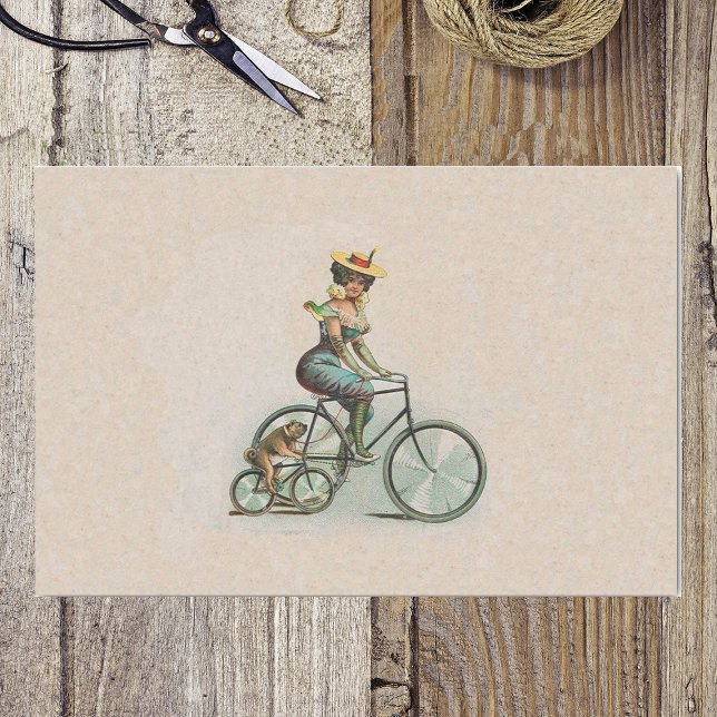 Papel De Seda Bicicleta virgen Lady Dog (Victorian lady riding bicycle beside her bulldog also on bike on tan wrapping tissue paper.)