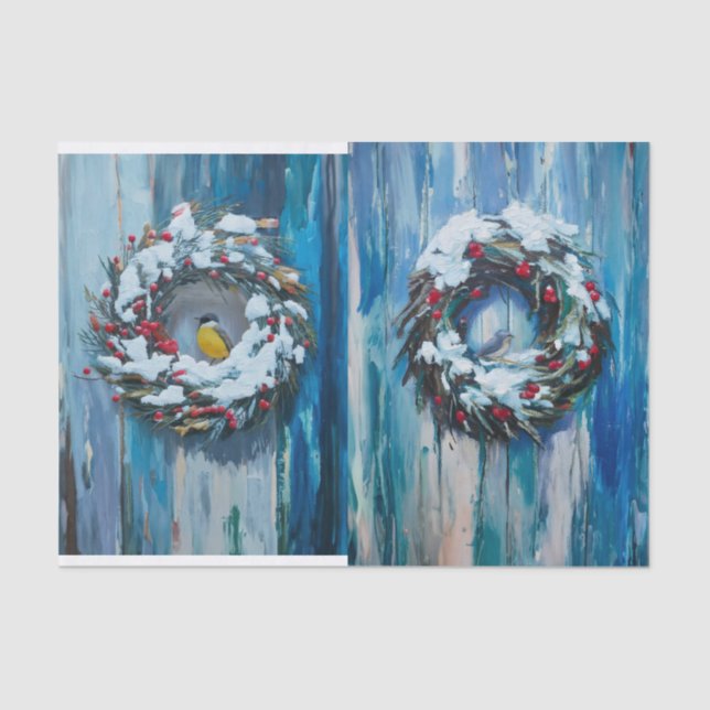 Papel De Seda Bienvenida acogedora, corona de invierno y pájaros (Anverso)