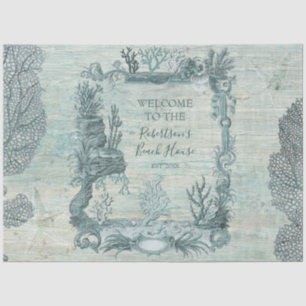 Papel De Seda Bienvenida Beach House Coral Blue Wood Decoupage T