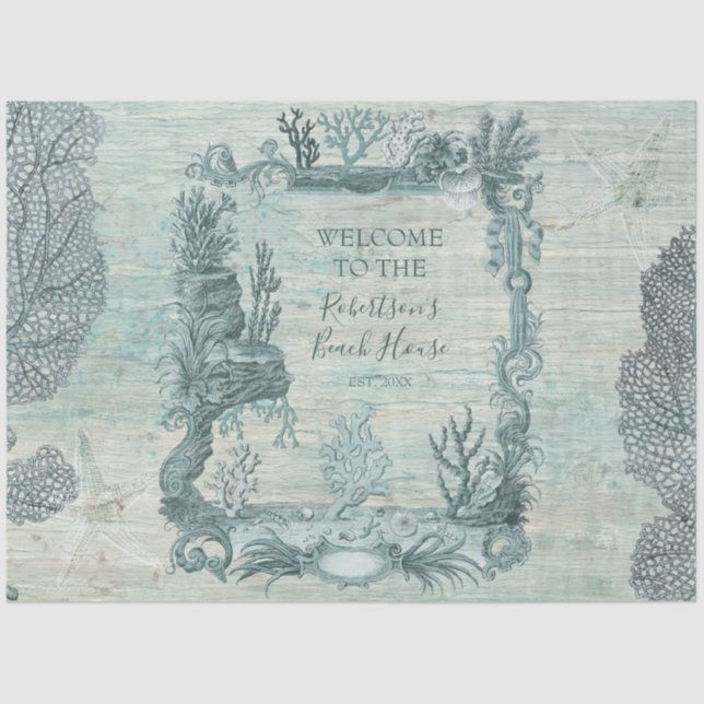 Papel De Seda Bienvenida Beach House Coral Blue Wood Decoupage T (Anverso)