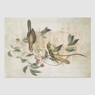 Papel De Seda Bird Branch Berries Music Decoupage Vintage