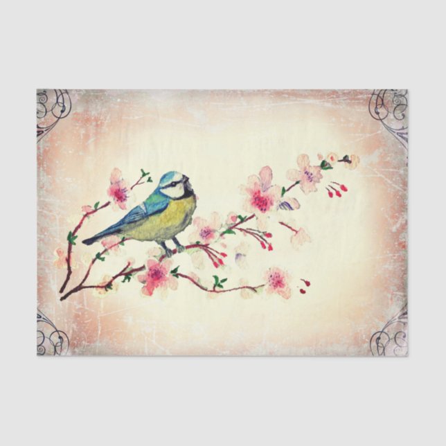 Papel De Seda Birdie in Cherry Blossom Tree Decoupage (Anverso)