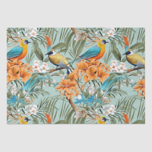 Papel De Seda Birds Chinoiserie Mint Naranja (Anverso)