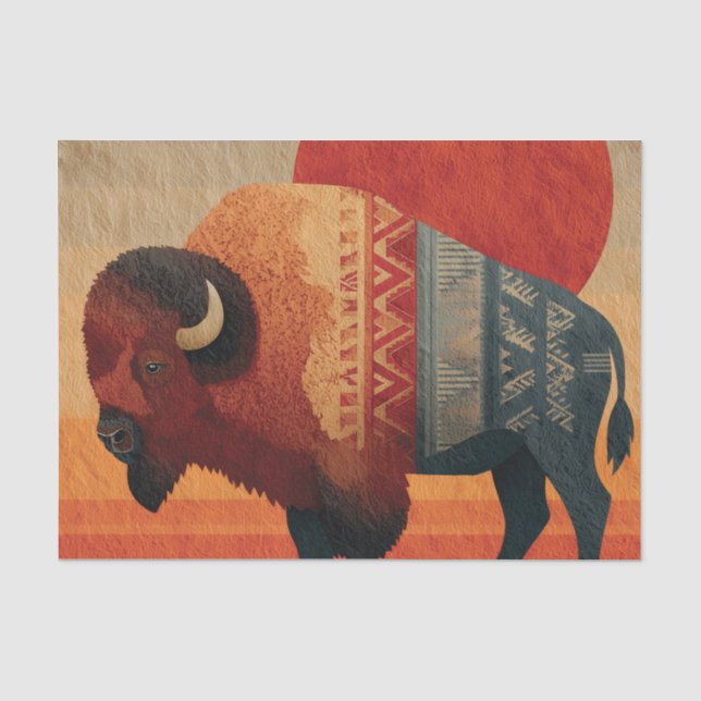 Papel De Seda Bison Estilizado con Patrones Nativos Americanos  (Anverso)