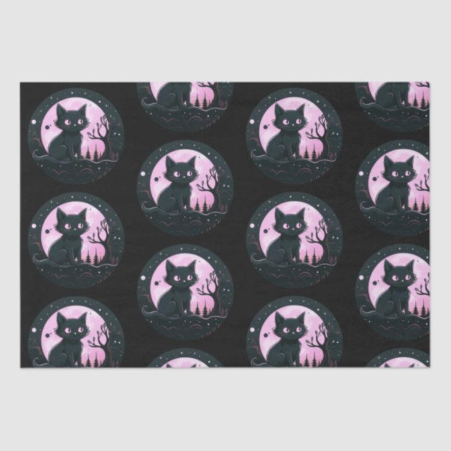 Papel De Seda Black Cat Rosa Full Moon Celestial Black Halloween (Anverso)