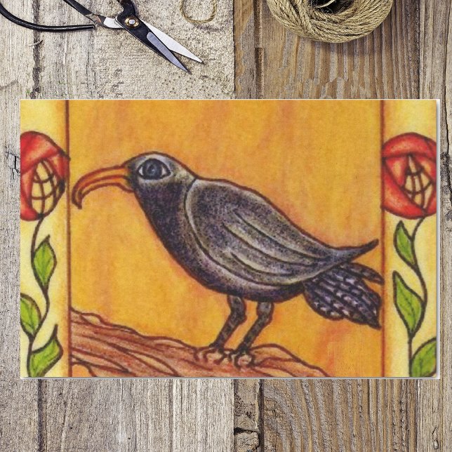 Papel De Seda Black Crow Art Deco Rosas Arte Popular (Black crow on branch red abstract flowers on stems leaves on golden yellow tissue paper.)
