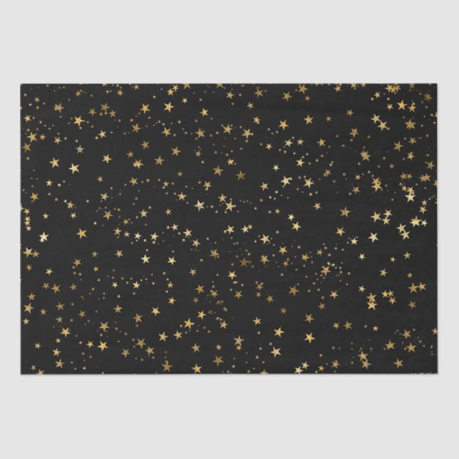 Papel De Seda Black Elegant Celestial Starry Gold Stars Design (Anverso)