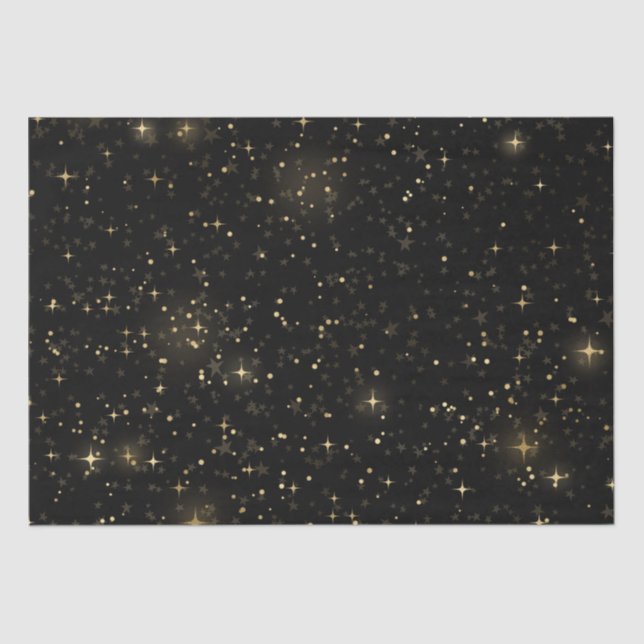 Papel De Seda Black Elegant Celestial Starry Gold Stars Design (Anverso)