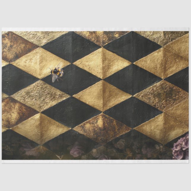 Papel De Seda Black & Gold Diamond Checkers Pattern  (Anverso)