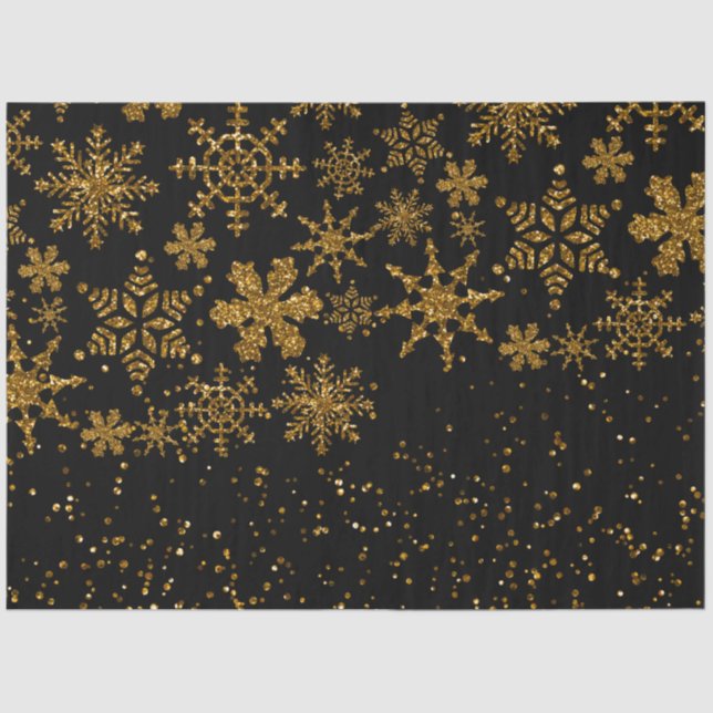 Papel De Seda Black & Gold Snowflakes Stars Feliz Navidad (Anverso)