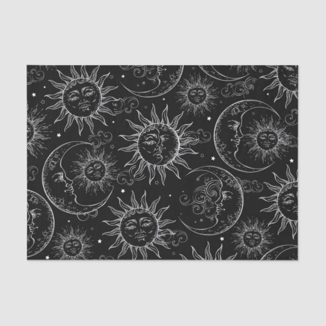 Papel De Seda Black Magic Vintage Celestial Sun Moon Stars (Anverso)