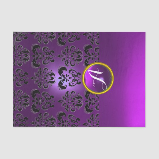 Papel De Seda BLACK PURPLE DAMASK GEMSTONE MONOGRAM Floral (Anverso)