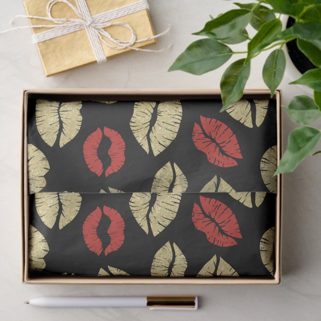 Papel De Seda Black Red Gold Lips Birthday (Regalo )