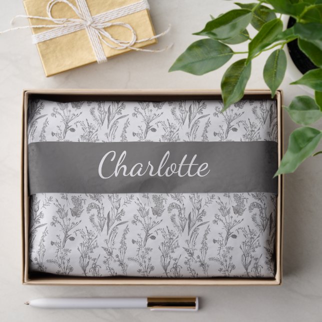 Papel De Seda Black White Toile Floral Custom Name (Regalo )