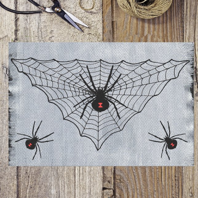 Papel De Seda Black Widder Spider Web Halloween Gothic (Spooky black web with black widow spiders on painted look white and black gift wrap tissue paper.)