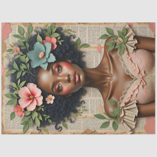 Papel De Seda Black Woman Floral Portrait Decoupage Paper (Anverso)