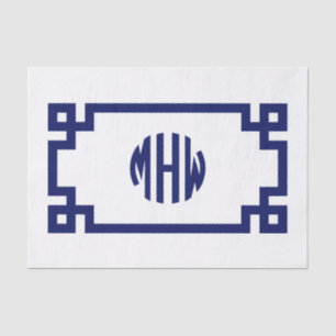Papel De Seda Blanco Navy Azul Círculo Monograma Clave Griega DI
