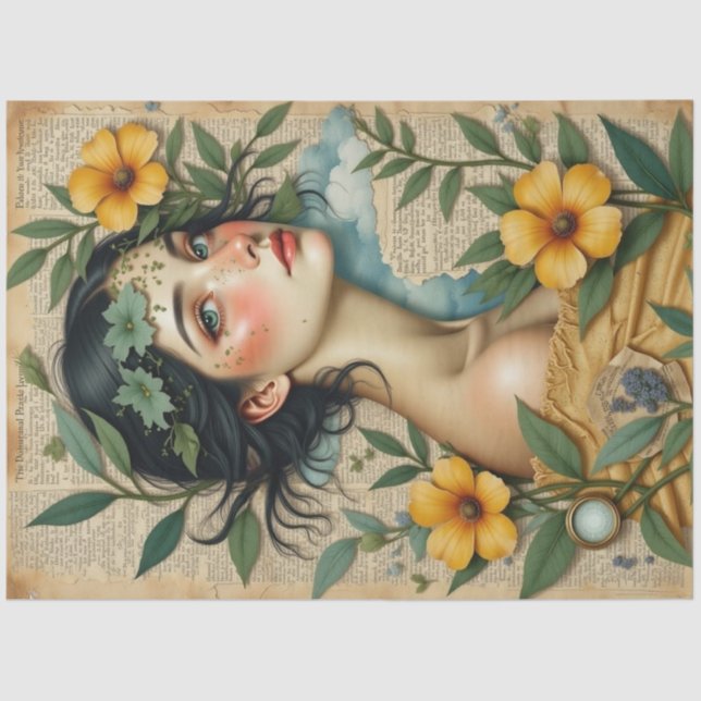 Papel De Seda Bloom dorado - Mujer con descomposición de flores  (Anverso)