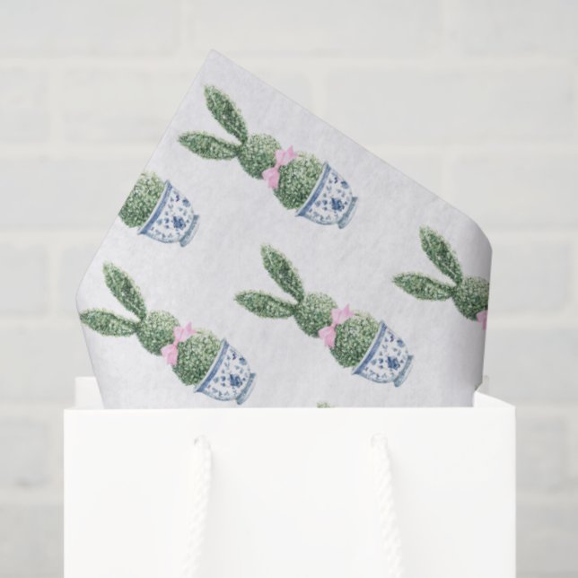 Papel De Seda Blue and White Chinoiserie With Rabbit Topiary (Bolsa de regalo)