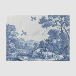 Papel De Seda Blue and White, Cows, vintage willow pattern style