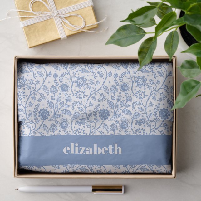 Papel De Seda Blue and White Floral Botanical Custom Name Modern (Regalo )
