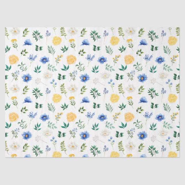 Papel De Seda Blue and Yellow Flowers with Foliage Pattern (Anverso)