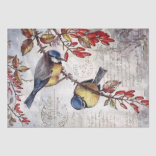 Papel De Seda Blue Bird Red Berries French Script Decp