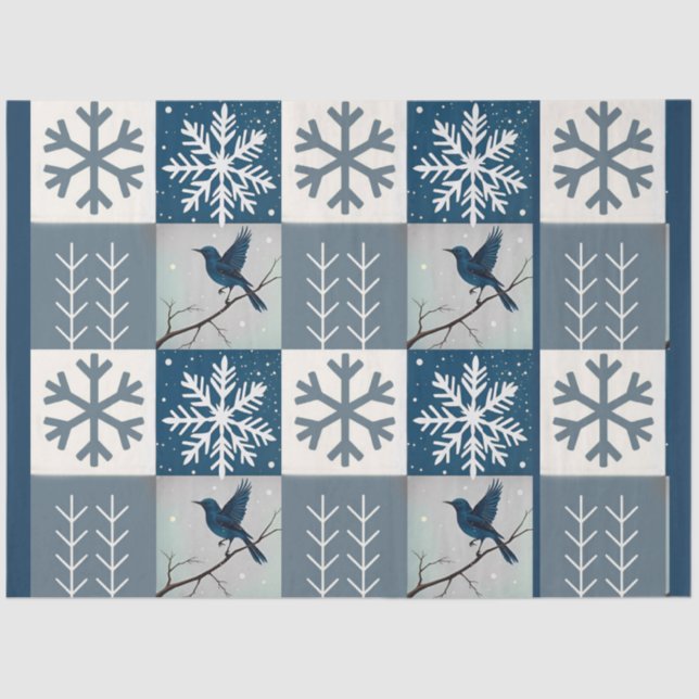 Papel De Seda Blue Birds & Snowflakes Christmas Winter Decoupage (Anverso)