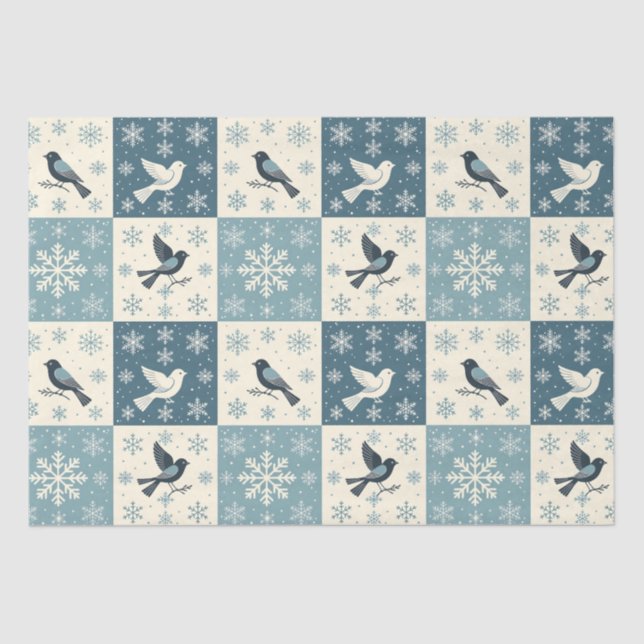 Papel De Seda Blue Birds & Snowflakes Christmas Winter Decoupage (Anverso)