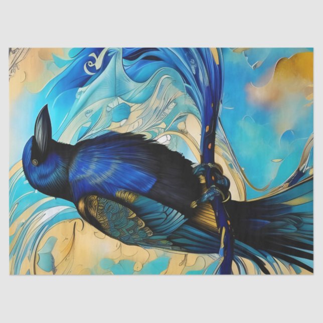 Papel De Seda Blue Black Raven en abstracto azul y oro (Anverso)