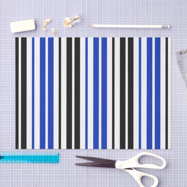 Papel De Seda Blue Black White Stripes Pattern Design  (Artesanía)