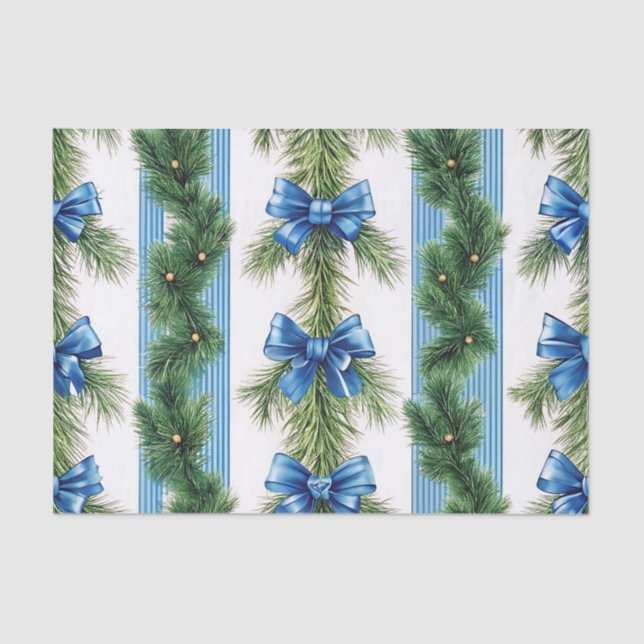 PAPEL DE SEDA BLUE BOWS STRIPES & GREEN GARLAND (Anverso)