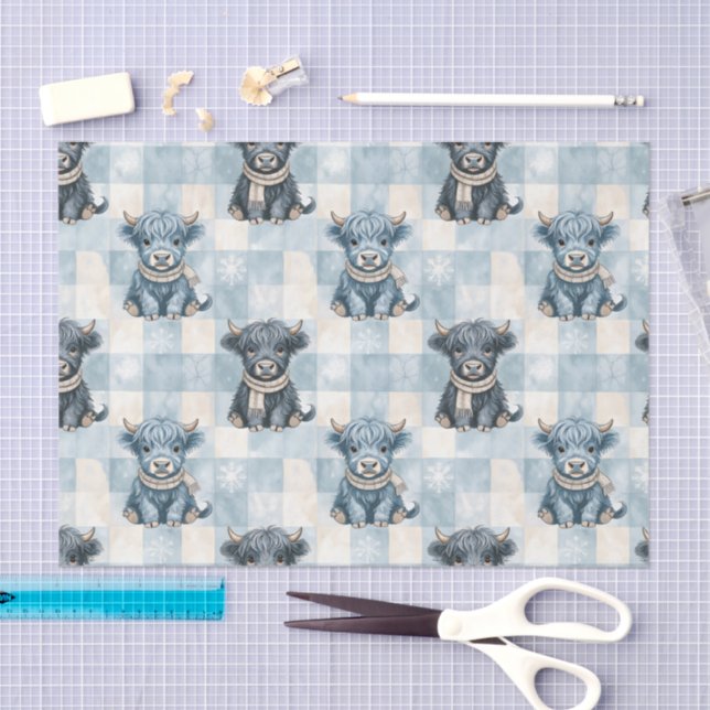 Papel De Seda Blue Checkered Highland Cow Cute (Artesanía)