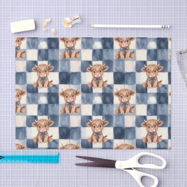 Papel De Seda Blue Checkered Highland Cow Cute Gift Wrap (Artesanía)