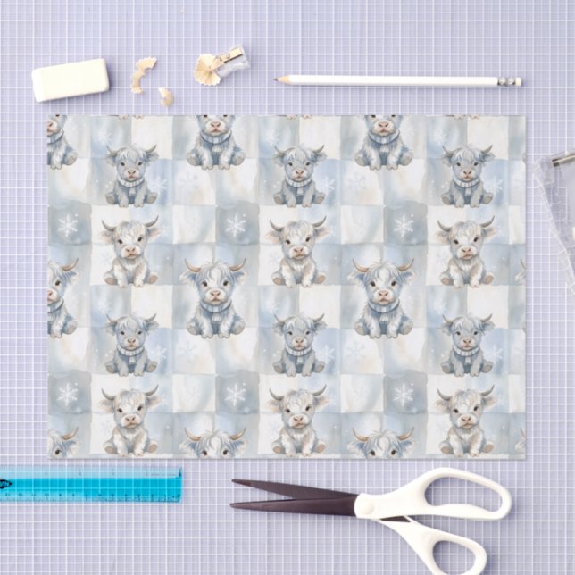 Papel De Seda Blue Checkered Highland Cow Snowflake Cool Winter (Artesanía)