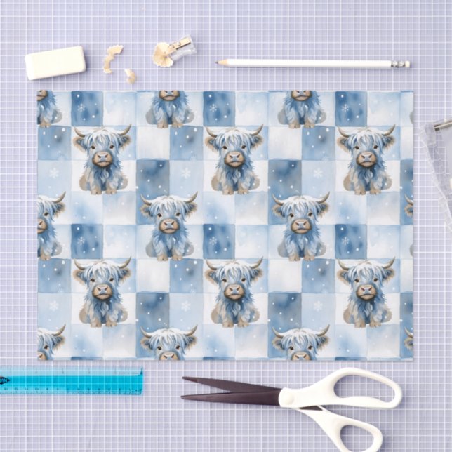 Papel De Seda Blue Checkered Highland Cow Snowflake Winter (Artesanía)