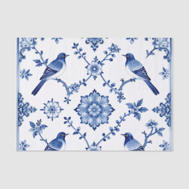 Papel De Seda Blue Chinoiserie Bird Floral Pattern (Anverso)