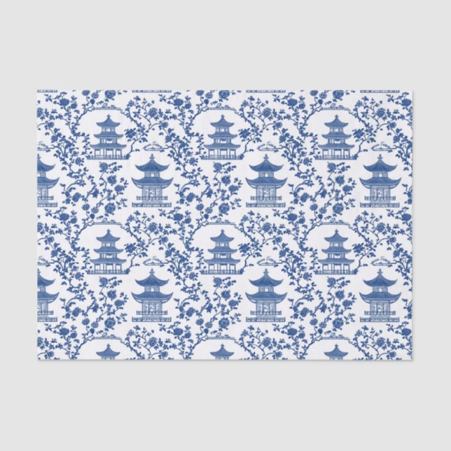 Papel De Seda Blue Chinoiserie Pagodas Toile (Anverso)