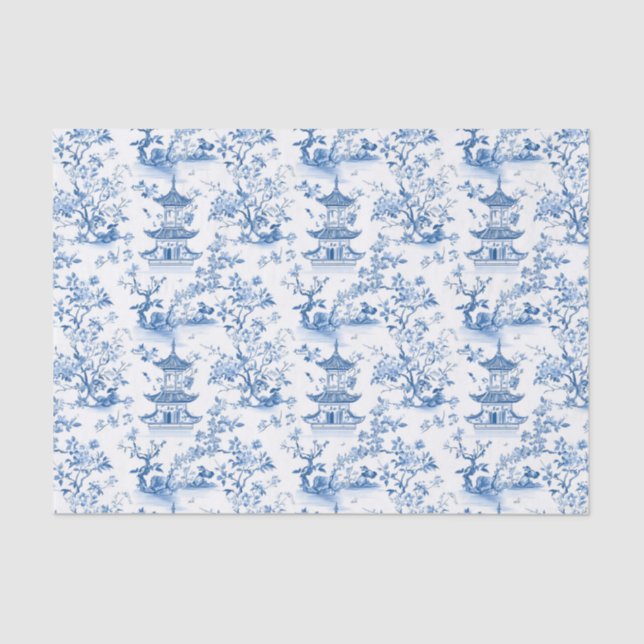 Papel De Seda Blue Chinoiserie Pagodas Toile (Anverso)