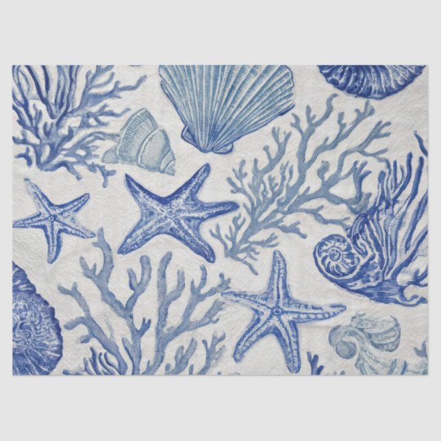 Papel De Seda Blue Coastal Toile Seashell Coral Pattern (Anverso)