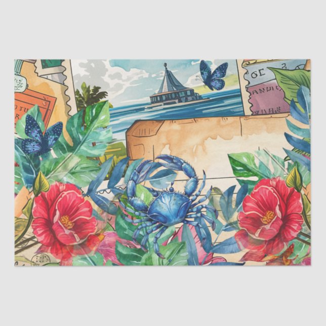 Papel De Seda Blue Crab Tropical Florals & Butterflies (Anverso)
