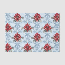 Papel De Seda Blue Damask Pattern with Red Poinsettia Flowers