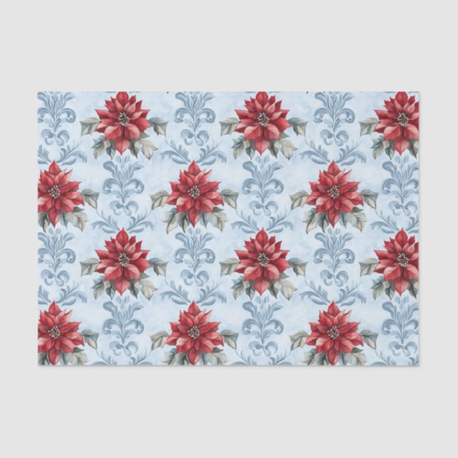Papel De Seda Blue Damask Pattern with Red Poinsettia Flowers (Anverso)